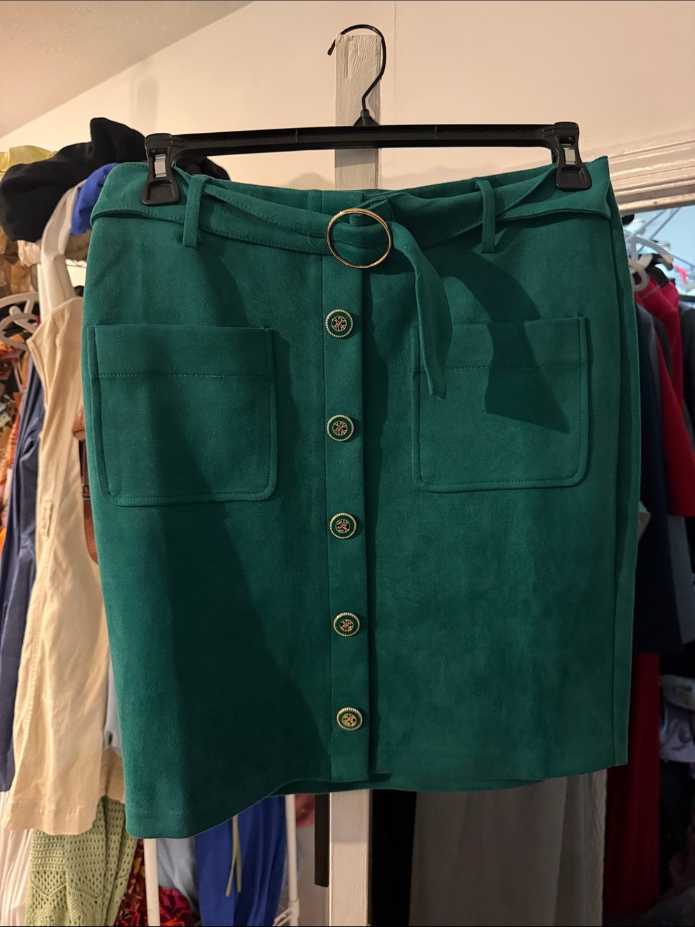 Emerald Button-Front Mini Skirt with Belt